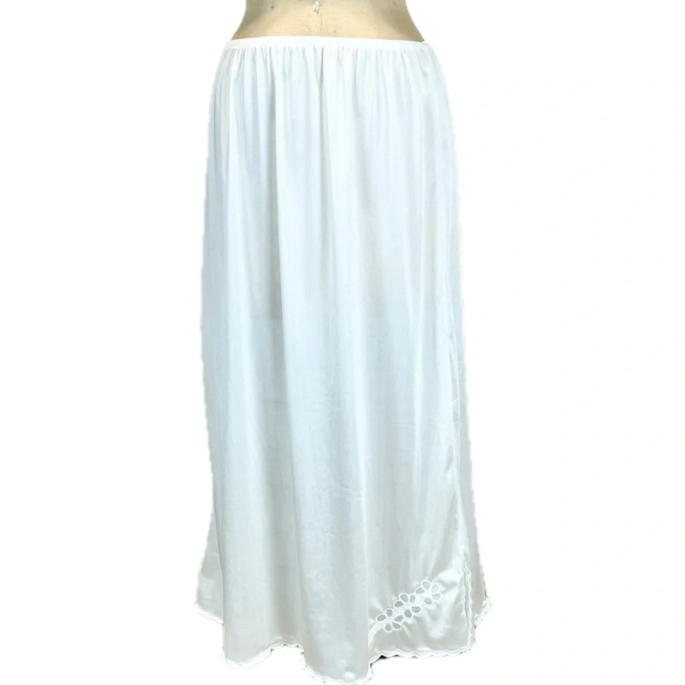 VINTAGE nylon silky dress slip full length maxi embroidered floral elastic waist - Picture 3 of 14